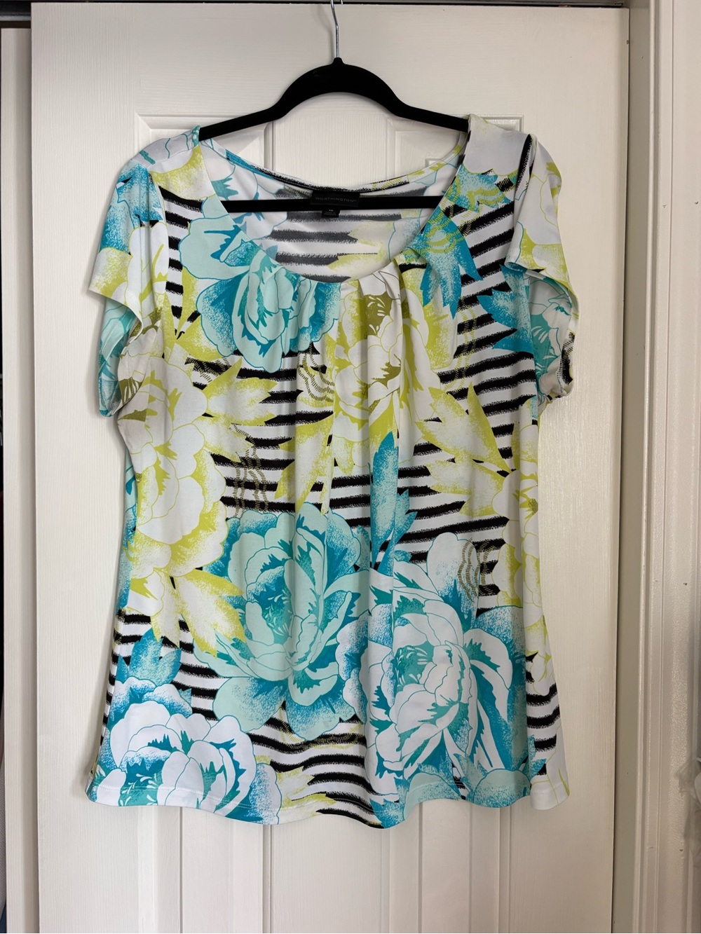 Women’s Floral Stripe Scoop Neck Top - Turquoise & Yellow